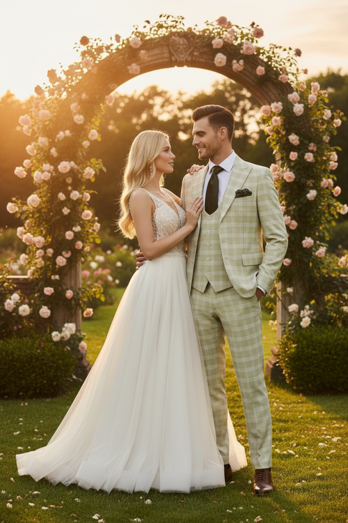 Men's light beige 3-piece suit with check pattern. Includes a jacket (notch lapel, 2-button), waistcoat (V-neck), and straight-cut trousers. Lightweight, smooth fabric, tailored fit.