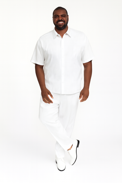 Men’s Linen White Embroidered Guayabera Two-Piece Set – Short Sleeve Shirt and Pants - Summer Walking Suit