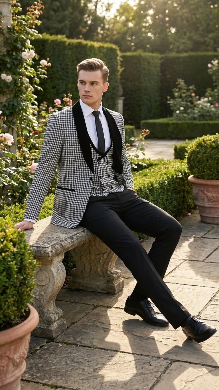 Men's houndstooth tuxedo set: black & white. Structured jacket w/ velvet lapel, matching vest, and tailored black trousers. Classic & sophisticated.