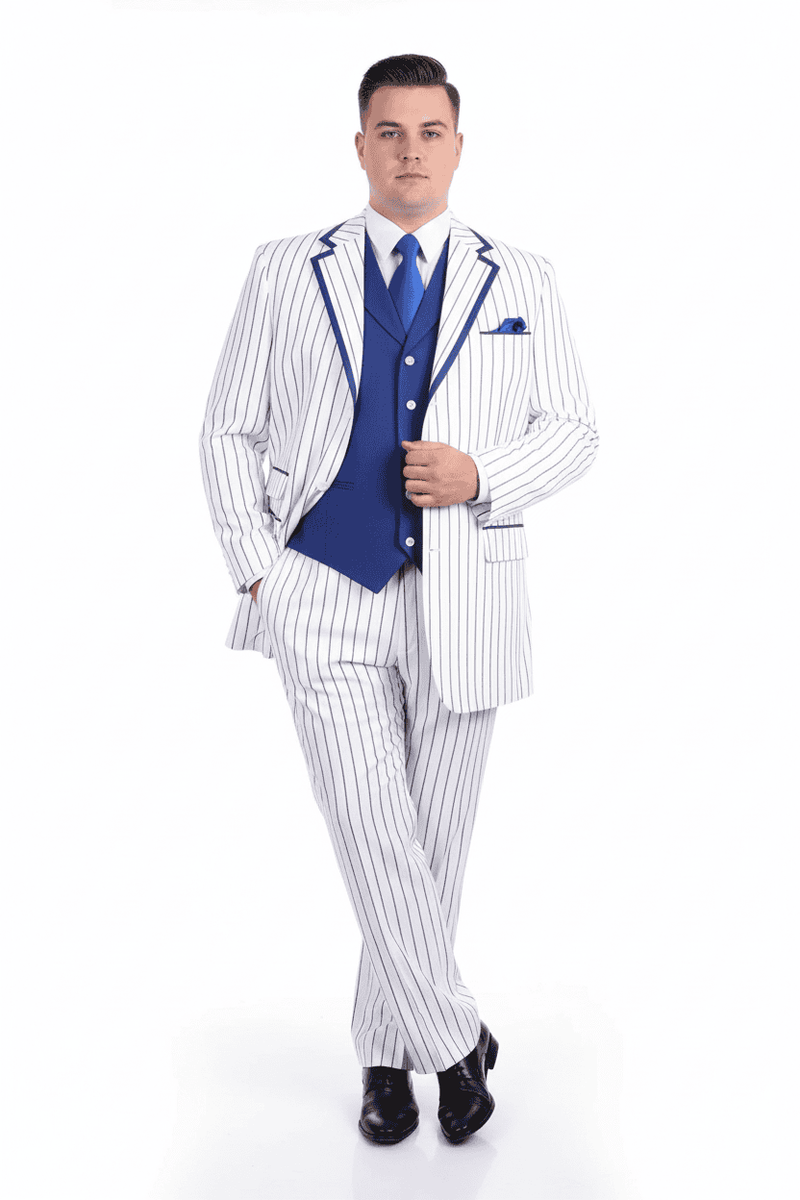 Men's classic-fit three-piece suit in white and royal blue pinstripes. Features a blazer with blue trim/pocket square, vest, and pants. Includes a matching blue tie.