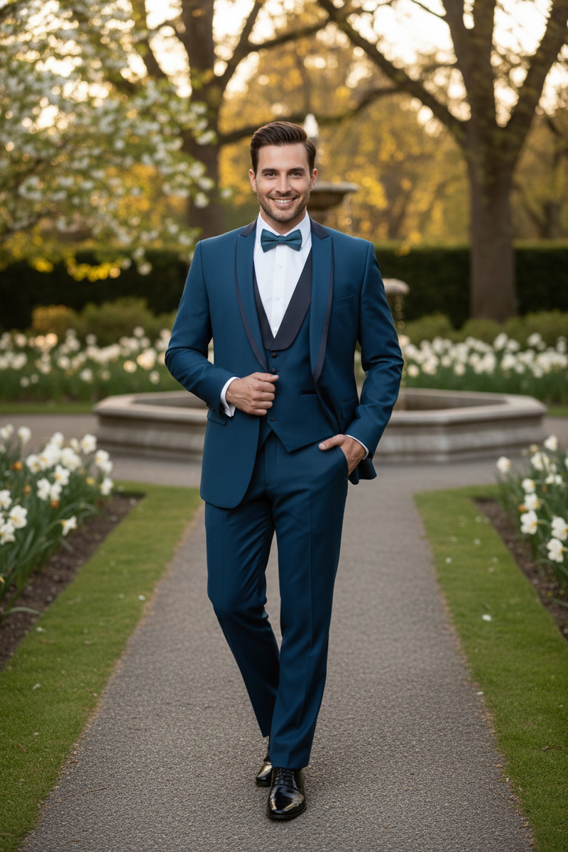 Alberto Nardoni men's teal blue tuxedo. Features fitted jacket with shawl collar, matching vest, and tailored trousers. Smooth fabric with subtle sheen, black satin lapel and pocket accents.