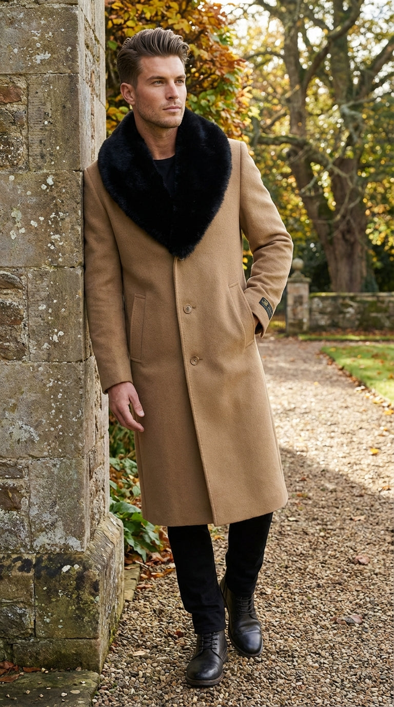 Mens Camel Tan Long Overcoat with Black Faux Fur Collar - Wool Topcoat Three if not Full length