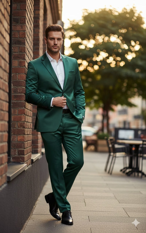 Emerald green, shiny men's sateen slim-fit suit. Two-piece set: blazer & pants. Blazer: single-button closure, notch lapels. Formal and stylish.