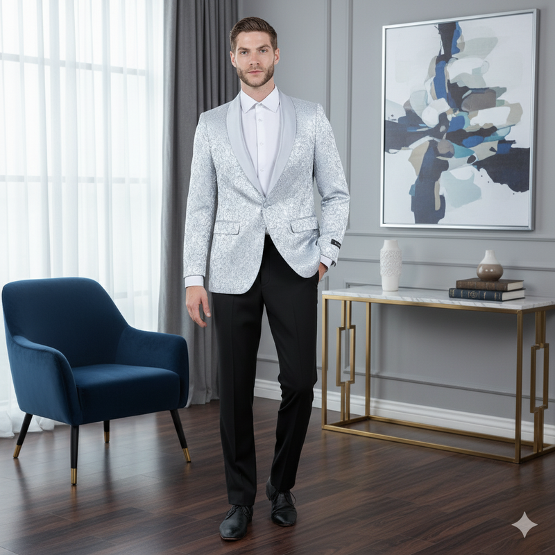 Silver gray tuxedo jacket for big & tall men. Paisley pattern, satin finish, and shawl lapel. Ideal for formal events.