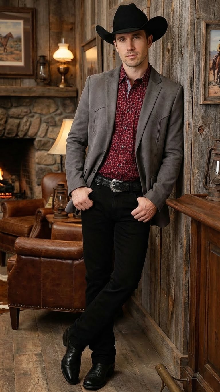 Men's brown western faux suede blazer characterized by a tailored fit, two front pockets, and detailed stitching; made of soft, faux suede material in a rich brown color.