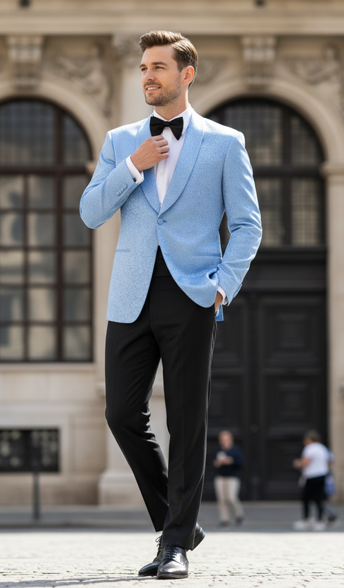 Light blue paisley Alberto Nardoni tuxedo jacket. Fitted, textured fabric with paisley. Single button closure, notched lapels, two pockets. Features black bow tie, buttoned cuffs, and worn over a white shirt.