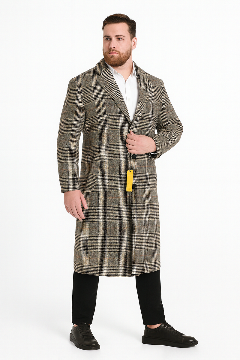 Men's long plaid overcoat in wool blend. Gray base with brown/orange checkered pattern. Features notched lapels, straight hem, and single-button closure.
