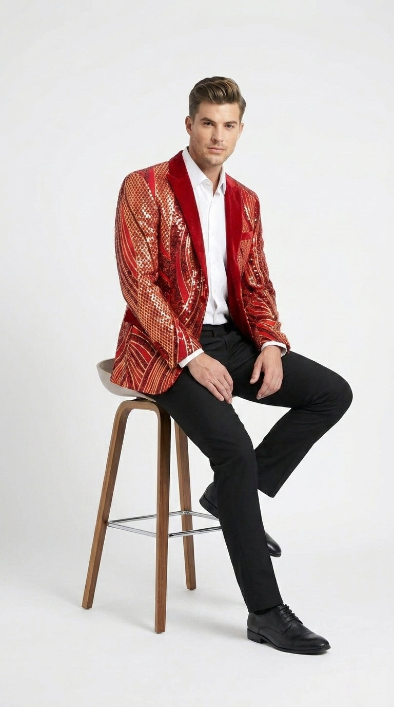 Men’s Red and Gold Sequin Christmas Holiday Blazer – Luxury Party Jacket for New Year, Wedding and Festive Events