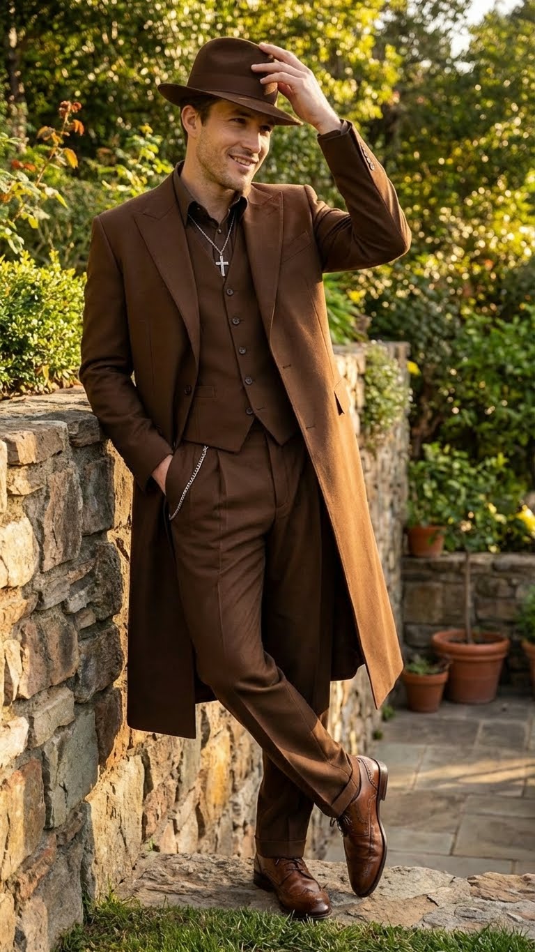 Alberto Nardoni men's 1920s zoot suit in brown. Features a tailored coat, fitted vest, and tapered trousers. Includes brown leather shoes and fedora, creating a streamlined, coordinated look.