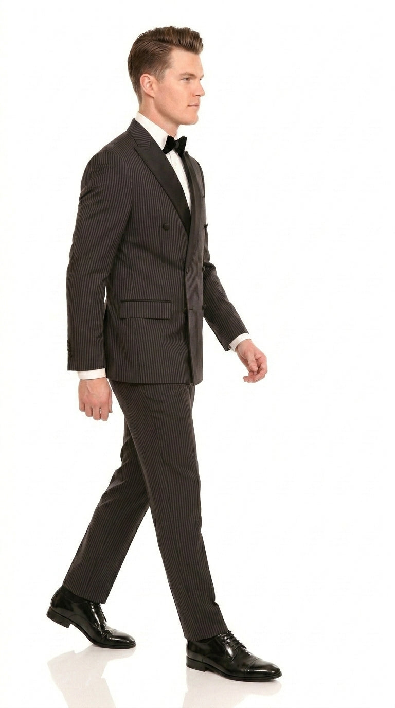 Men’s Double Breasted Suit – Classic Peak Lapel Formal Tuxedo Style Suit for Wedding in Black Ton on Tone Pinstripe