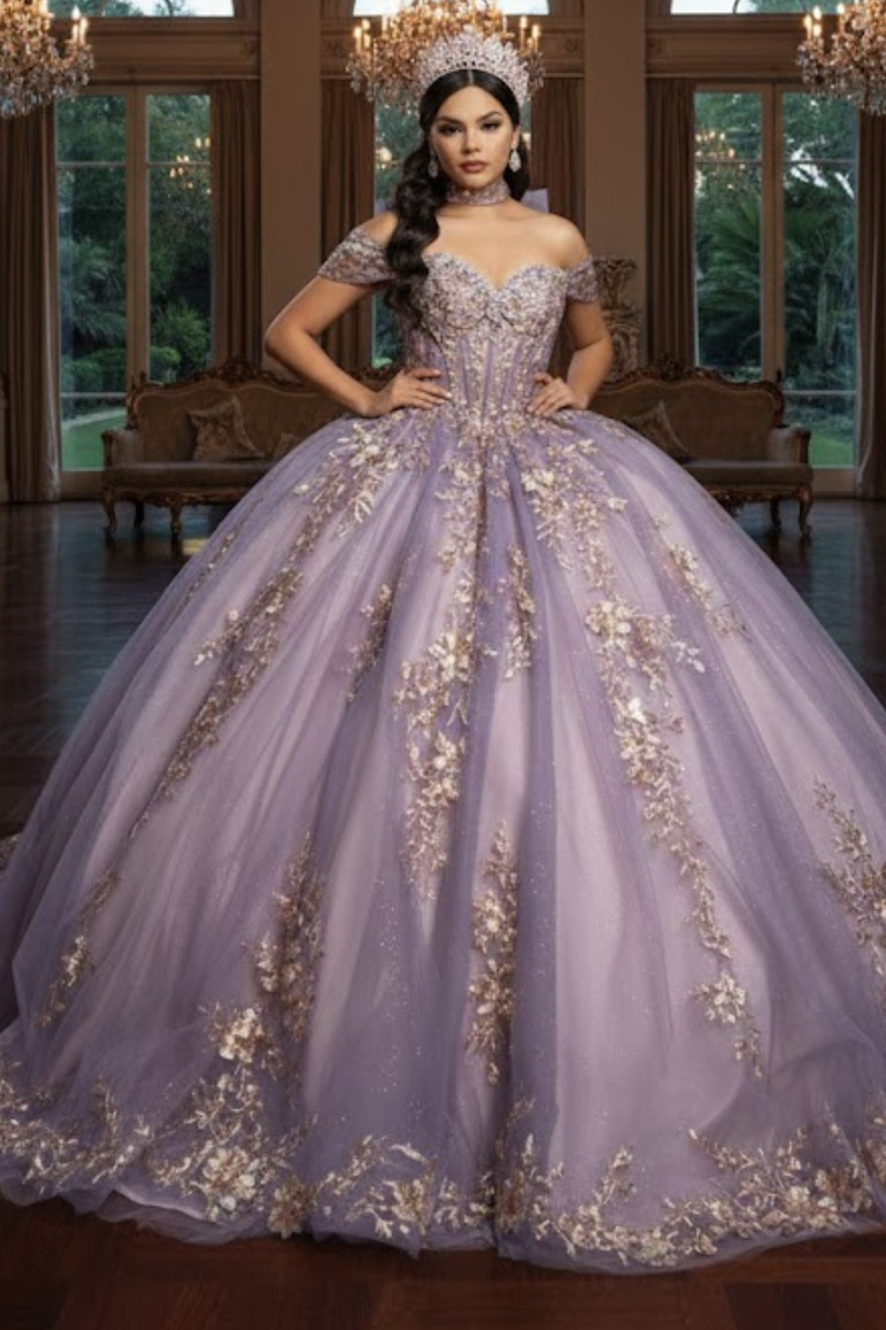 QuinceaƱera Ball Gown Off Shoulder Glitter Tulle Dress with 3D Floral AppliquƩs Long Train by Layla K LK292