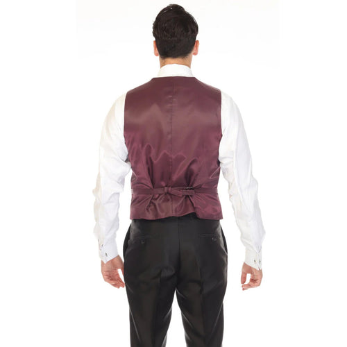 The mens double breasted burgundy vest by Alberto Nardoni is shown from the back, featuring a smooth satin finish. The vest is a deep burgundy color, with a distinct waistline that includes a tied detailing at the back for adjustment.