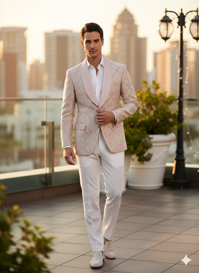 Lavender and gold tuxedo: lilac mauve blazer with floral embroidery, structured fit, and shawl collar.
