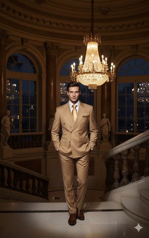 Men's camel bronze double-breasted suit with tailored jacket, matching trousers, and smooth fabric. Warm beige tone, minimal sheen. Light shirt, tie, pocket square. Structured silhouette.