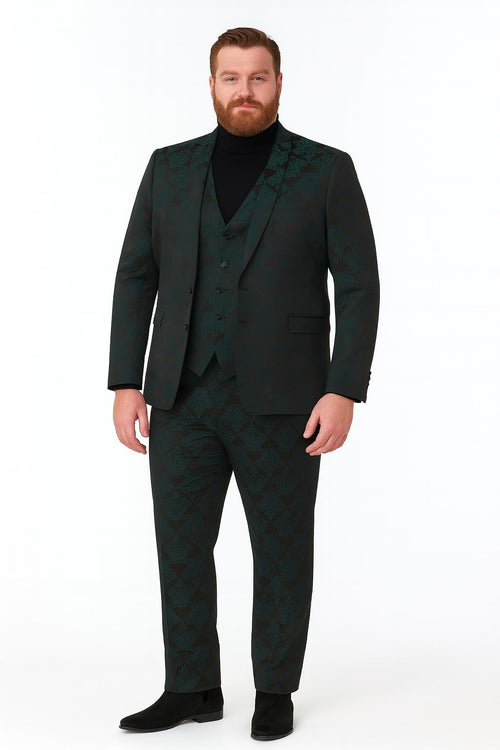 Men’s Emerald Green Floral Jacquard 3-Piece Tuxedo Suit – Slim Fit Formal Set with Blazer, Vest, and Pants Paisley Fabric - Ultra slim fitted