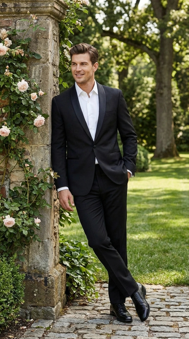 Tiglio Designer Menās Black Single Button Tuxedo Suit ā Formal Black Business and Wedding Suit Shawl Collar Super 150's Wool Fabric
