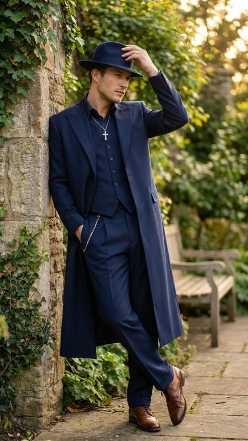 Navy zoot suit: tailored jacket, wide-leg trousers, long overcoat, three-button vest. Smooth, structured fabric. Includes hat & brown shoes. Chain detail on trousers. Classic lapel.