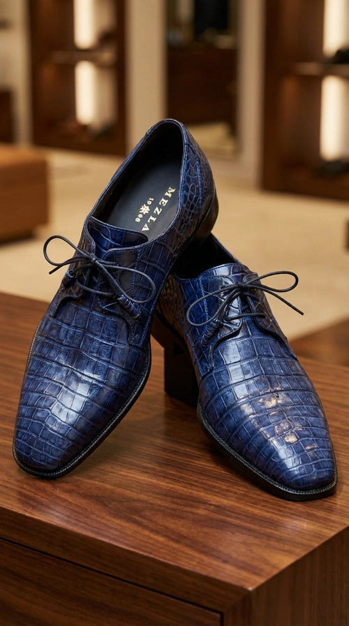 Mezlan Blue Crocodile Alligator Embossed Leather Dress Shoes for Men – Luxury Lace Up Oxford Shoes – Blue Exotic Pattern Formal