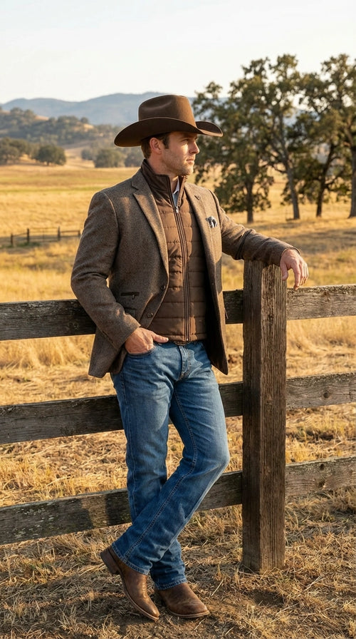 Men’s Brown Herringbone Tweed Cowboy Western Blazer – Classic Country Sport Coat Jacket for Ranch Wear, Cowboy Jacket