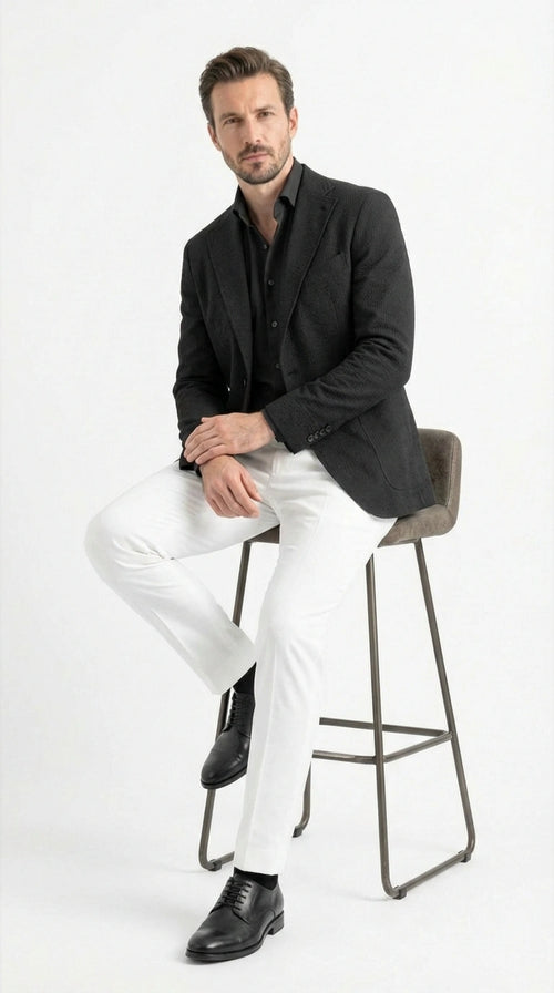 Men’s Black Seersucker Blazer – Textured Two-Button Notch Lapel Formal & Summer Sport Jacket in Black Tone-on-Tone Cotton Fabric