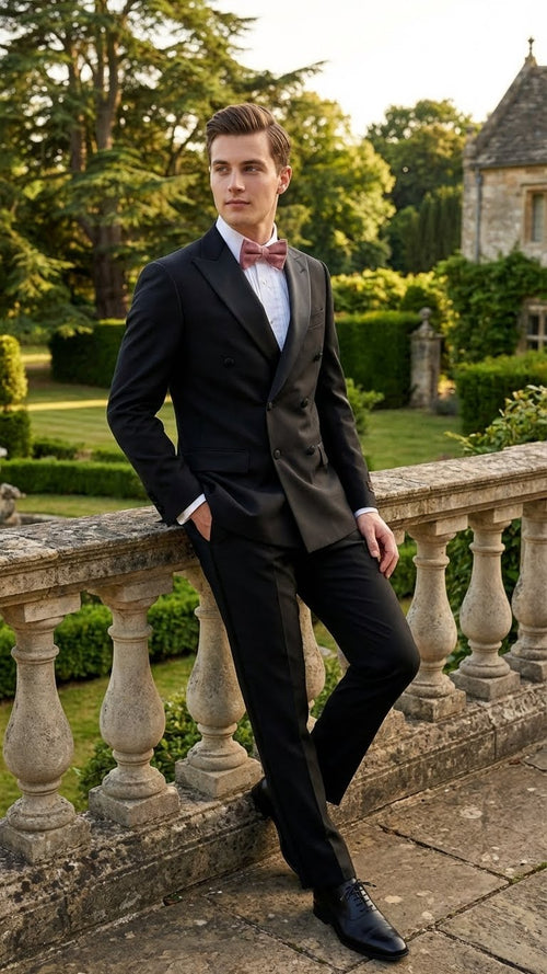 Classic black double-breasted tuxedo in Italian wool. Tailored fit with notched lapels and satin-trimmed trousers. Includes white shirt and bow tie for a structured silhouette. Straight leg design.
