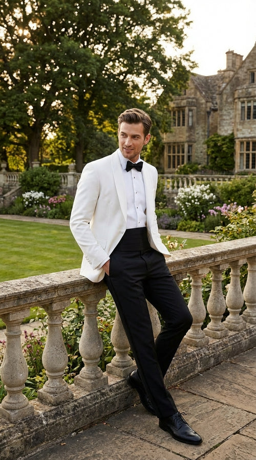 Men's White Dinner Jacket Tuxedo Blazer with Black Satin Shawl Lapel With Black Tuxedo Pants
