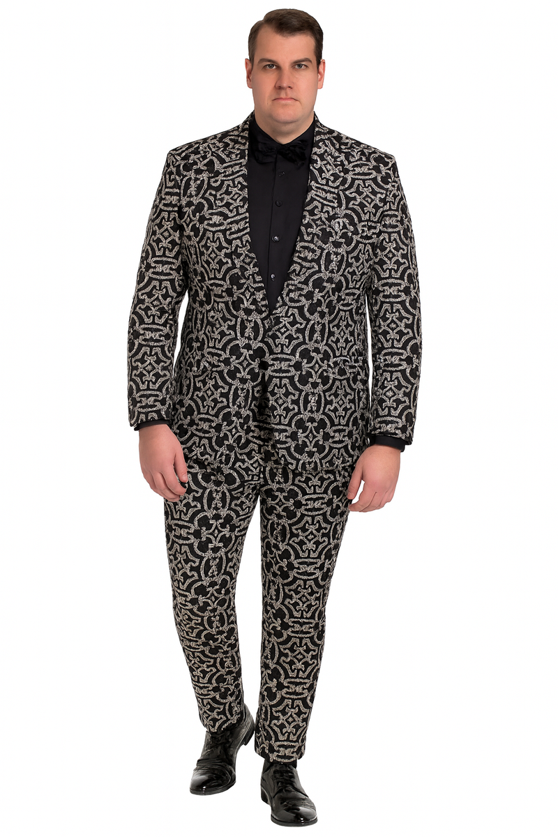 Black and silver sequin tuxedo for men. Interlocking pattern reflects light. Includes fitted jacket, matching trousers, and bow tie. Shiny sequins on black base. Sleek lapels enhance the formal design.
