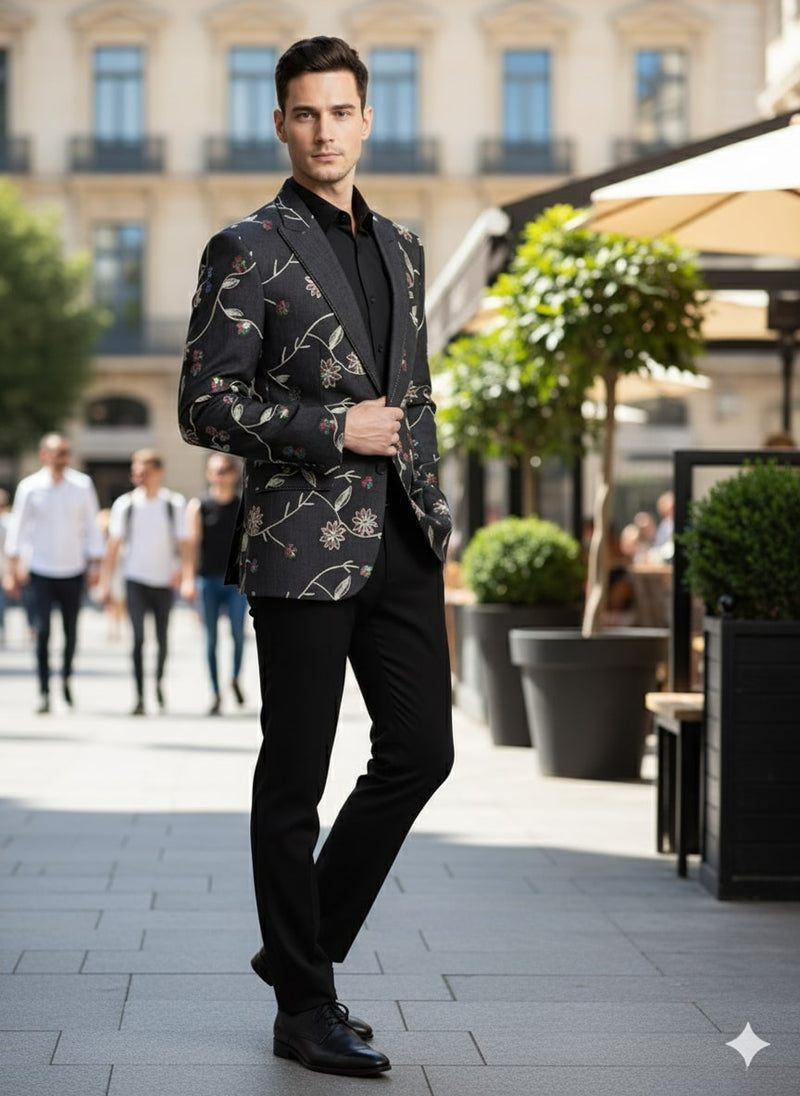 Elegant black blazer with floral embroidery, tailored fit, and notch lapels. Single-button closure. Worn over a black shirt with fitted black trousers. Sophisticated and stylish.