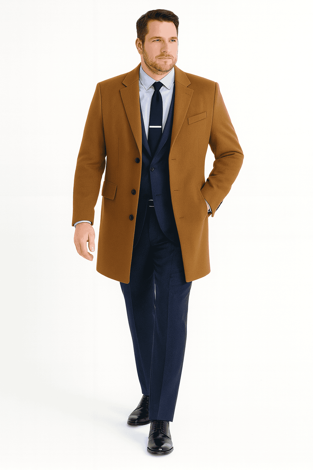 Men’s Camel Brown Wool Overcoat – Classic Long Dress Coat for Business and Casual Wear in Vecuna Color