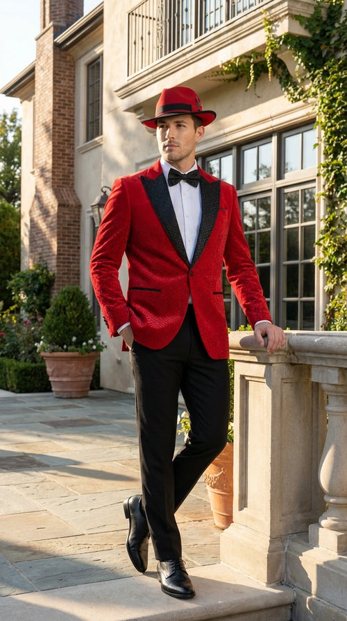 Men’s Red Velvet Fabric Rhinestone Blazer with Matching Red and Black Hat – Christmas New Year Holiday Party Jacket Set