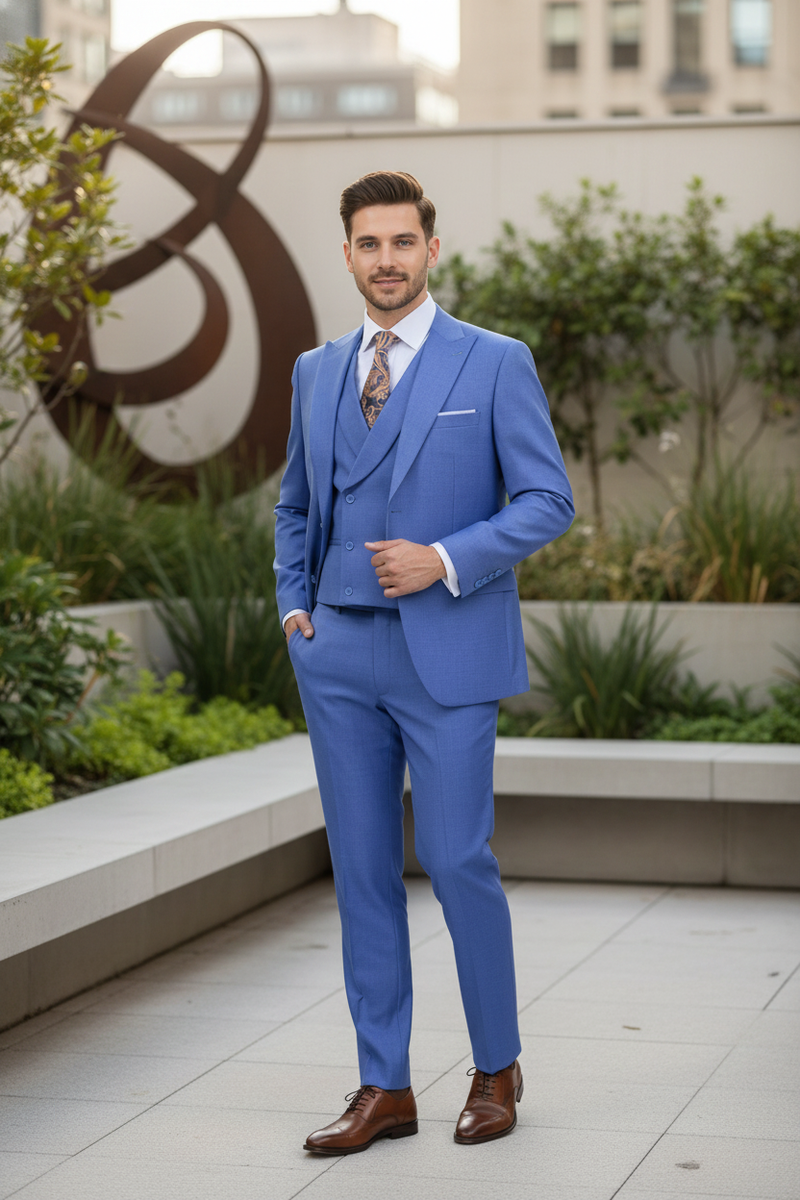 Men's light blue 3-piece suit: double-breasted blazer, matching trousers, and vest. Tailored silhouette, smooth textured fabric. Features a notch lapel and straight-leg trousers.