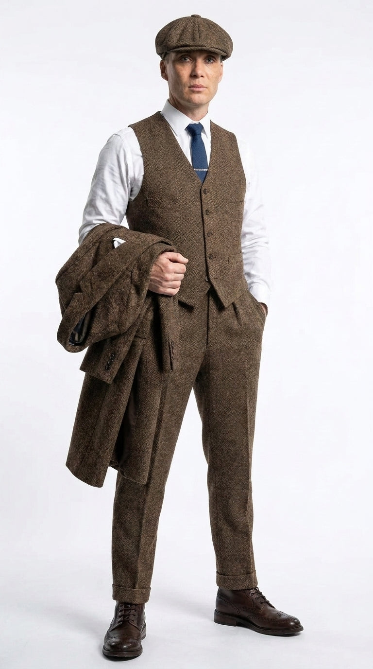 Men’s Thomas Shelby Inspired Brown Herringbone Tweed 3 Piece Suit – Peaky Blinders 1920s Vintage Suit