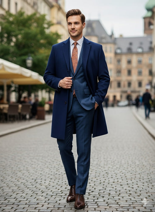 Cobalt blue wool-cashmere car coat. Tailored, straight-cut, single-breasted. Features classic lapel, full-length, two pockets, and button closure. Smooth texture, combining warmth and softness. Rich cobalt color.