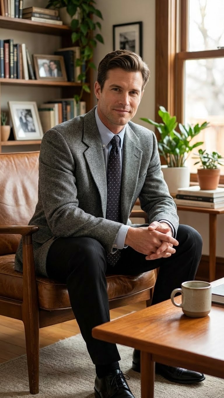 Men's charcoal grey blazer with a tailored fit. Features notched lapel and two front pockets. Textured fabric, likely wool or blend, offers structure and warmth.