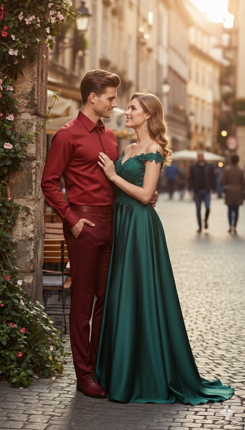 Men's red satin dress shirt. Long sleeves, button-down collar, and a sleek, form-fitting design. Crafted from smooth satin for a polished, formal look.