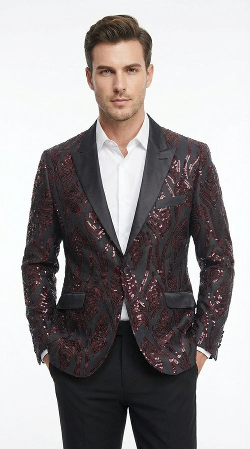 Men’s Black and Burgundy Sequin Blazer – Black Sparkle Sequin Party Blazer with Burgundy Pattern for Prom, Wedding Slim Fitted