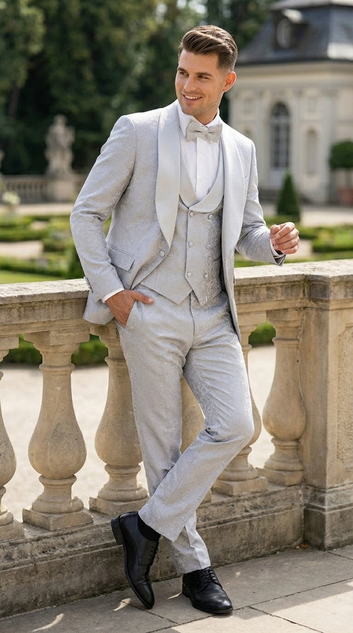 Mens Light Silver Wedding Tuxedo Suit – Paisley Fabric Three Piece Formal Suit Set with Shawl Lapel for Groom, Prom, Gala and ice Grey