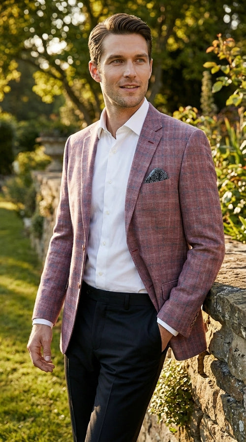 Mens Dusty Rose Mauve Pink with Tint of Blue Plaid Sport Coat Blazer ā Classic Check Pattern Casual Blazer Jacket for Business Casual, Wedding