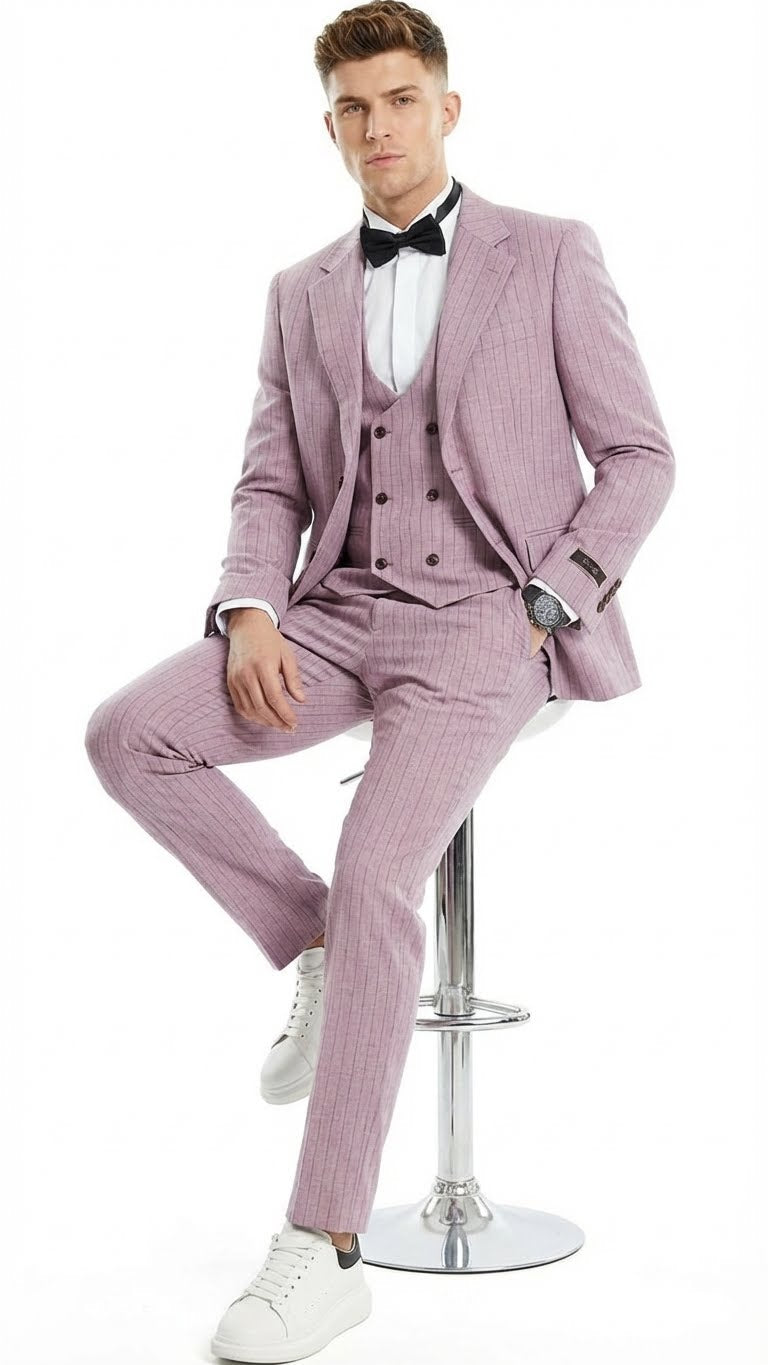 Dusty rose pink pinstripe three-piece suit: jacket with wide lapels, tailored fit; vest with six buttons; slim trousers. Soft fabric, subtle vertical pinstripes. Worn with white shirt, black bow tie.