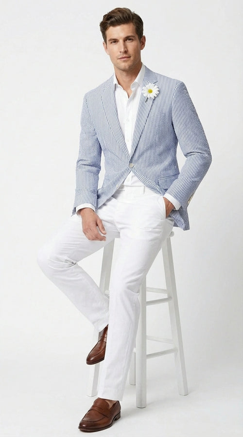 Mens Blue Seersucker Blazer – Lightweight Striped Summer Sport Coat Casual Smart Formal Jacket