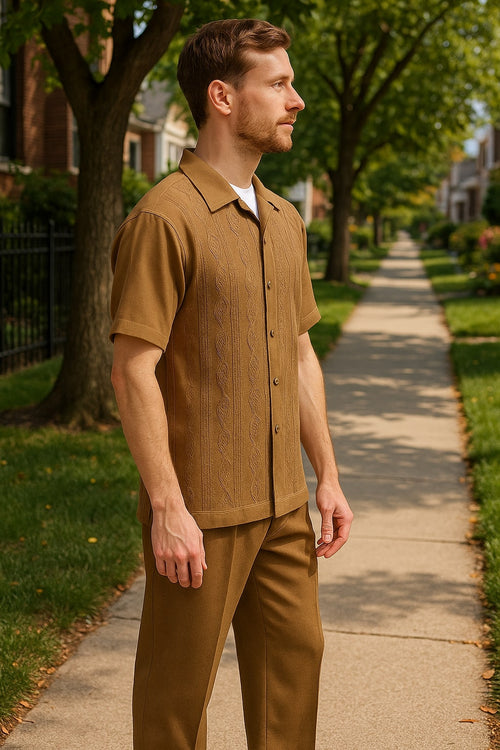 Men's mocha taupe two-piece knit walking suit. Short sleeve button-down shirt with textured pattern & matching trousers. Perfect for casual wear.