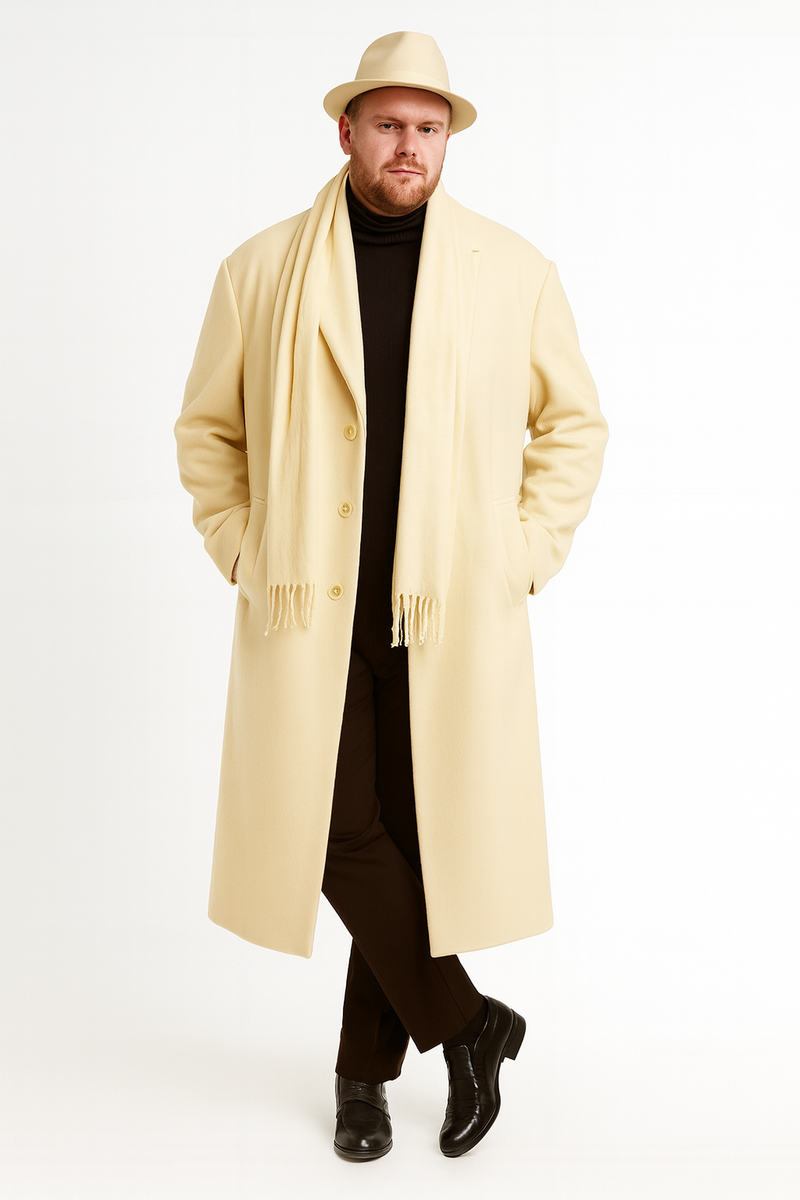 Men's cream wool overcoat. Full-length ivory design with notched collar and button closures. Classic, warm style.