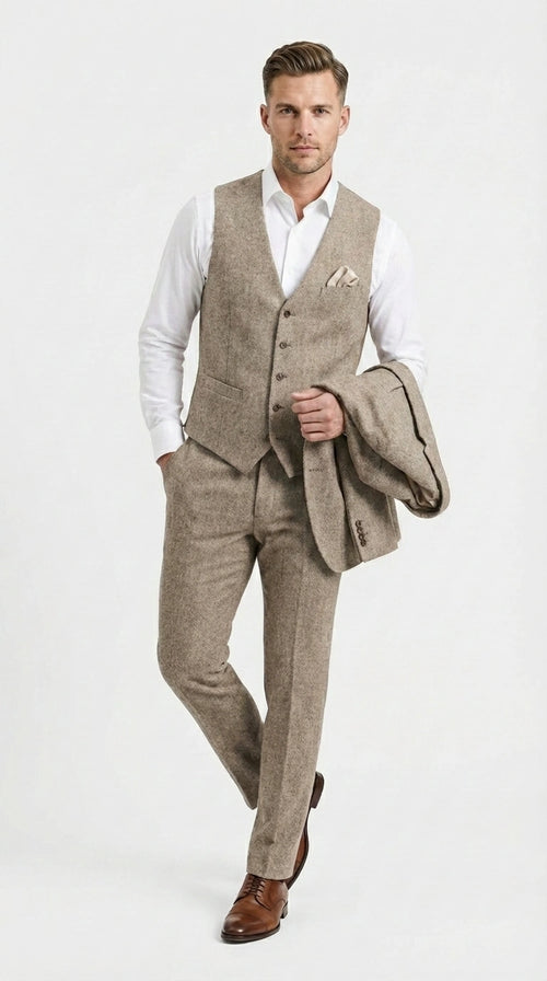 Men’s Light Beige Herringbone Tweed Suit with Vest – Classic Three Piece Formal Suit, Vintage Business Wedding Outfit, Elegant Smart Casual Attire