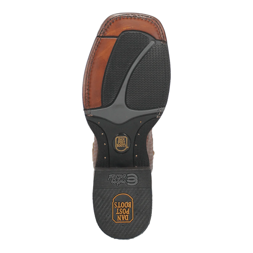 Dan Post men's python print leather boots with square toe. Brown, textured python-imitating leather upper. Brown leather/black rubber outsole with logo and enhanced traction tread.