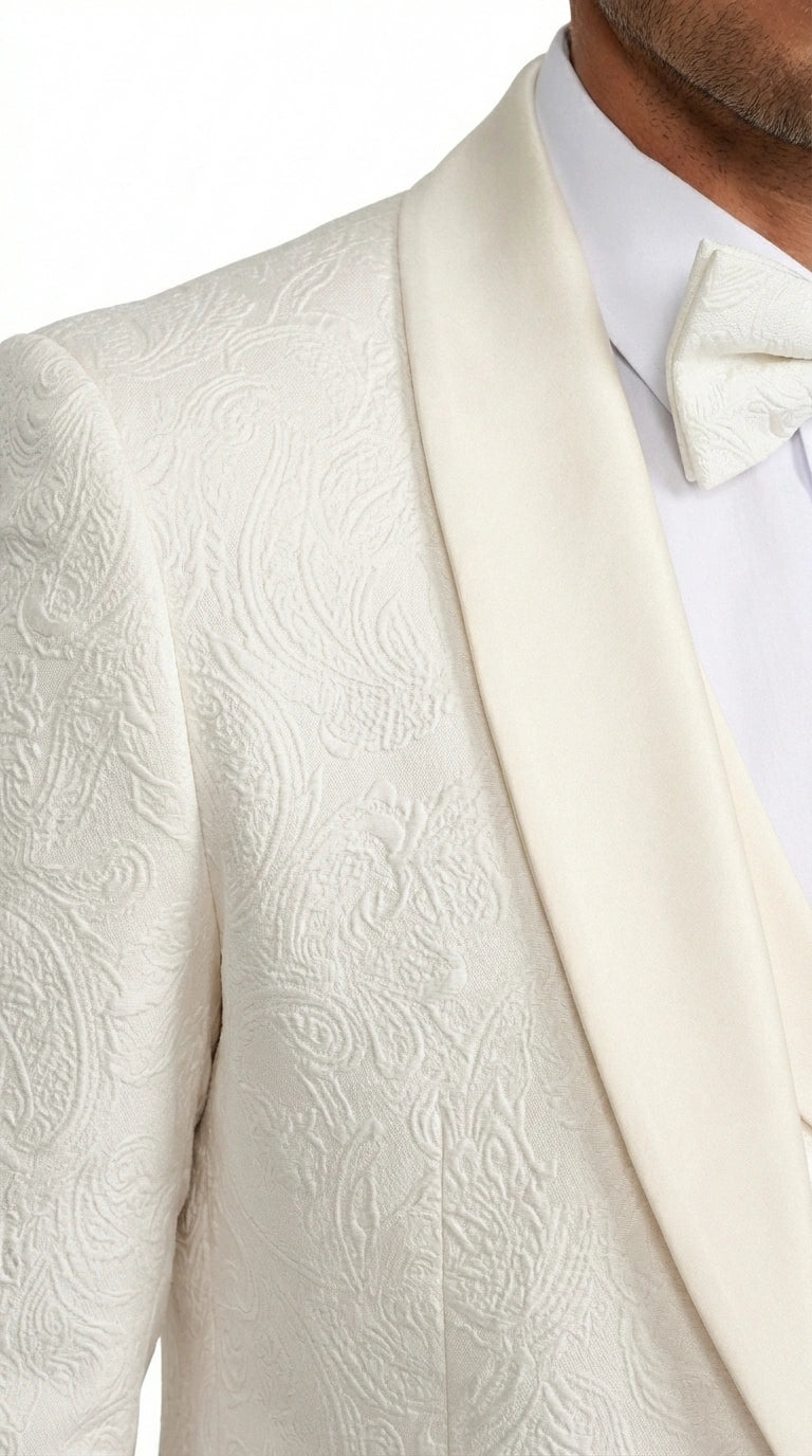 Men’s Ivory Paisley Tuxedo Suit 3 Piece – One Button Vested Satin Formal Suit for Wedding in Off white Cream Color