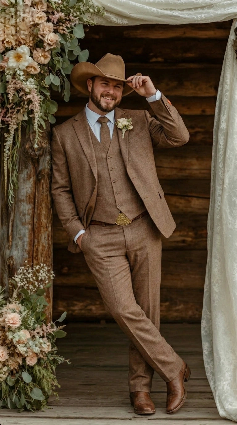 Men’s Light Brown Western 3 Piece Suit – Classic Country Style Blazer Vest Pants Set, Formal Cowboy Suit Toast