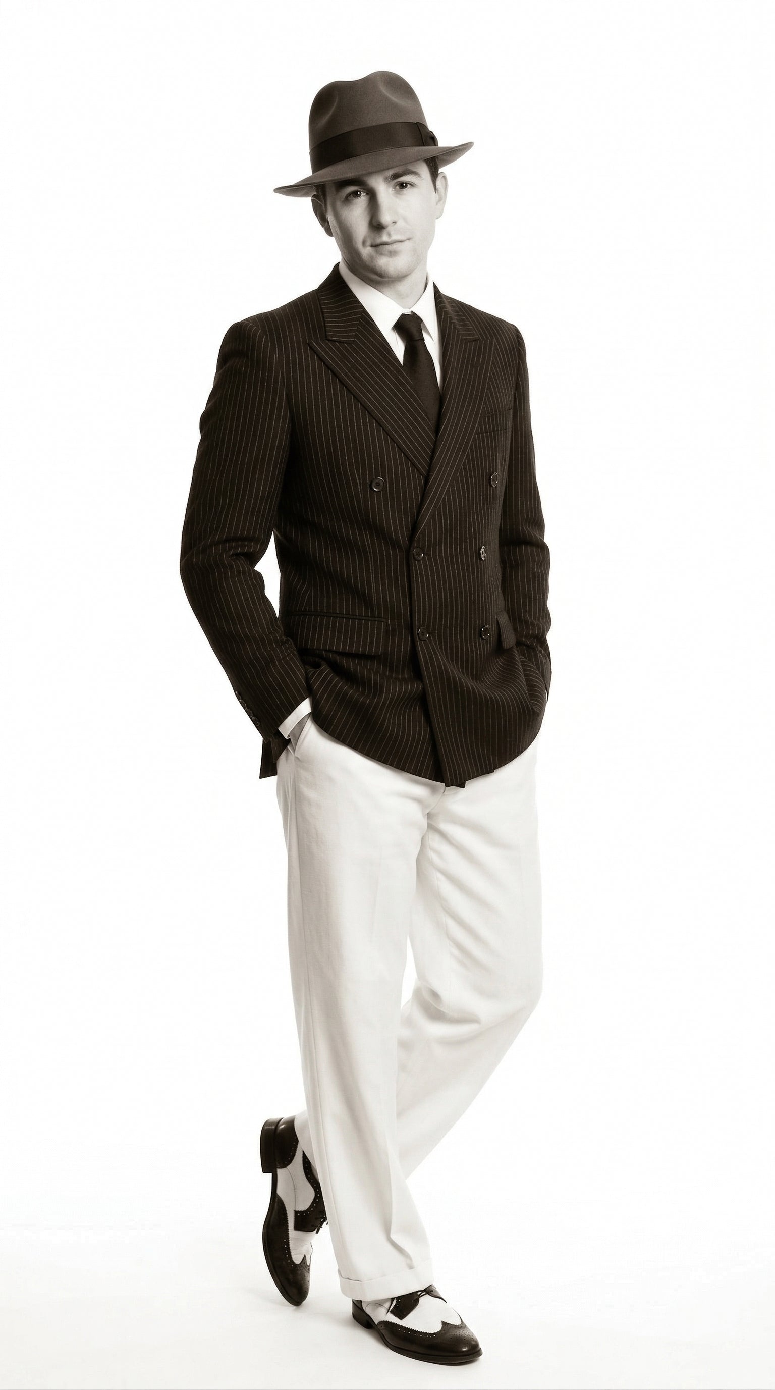 Men's Black Pinstripe Blazer with White Pants 1920s Gangster Mob Boss Style  Suit – Double Breasted Vintage Formal Jacket, Classic Party Costume Wear