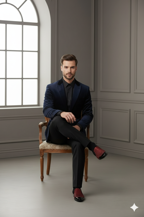 Men's red glitter tuxedo loafers: Slip-on style with a dazzling red glitter upper. Features a sleek black patent toe for a formal, eye-catching look.