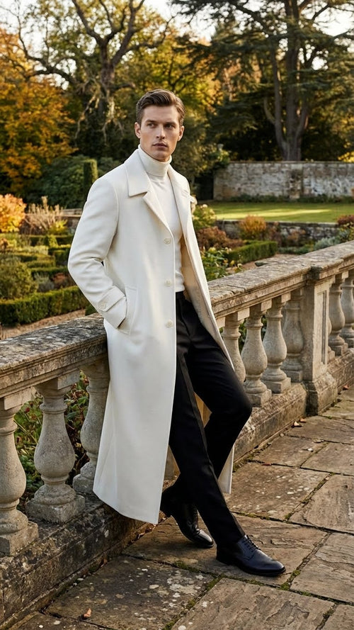 Mens Off-White Long Trench Coat – Overcoat with Classic Clean Design Duster Maxi Coat in Ivory Color
