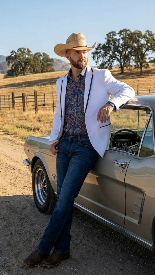 Men’s White Western Blazer with Black Trim – Classic Cowboy Style